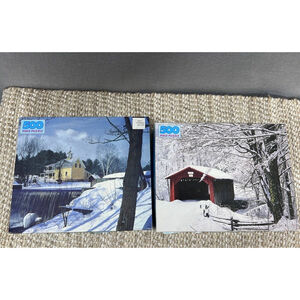 2 Vintage Golden 500 Piece Interlocking Jigsaw Puzzle Snow Winter Covered Bridge
